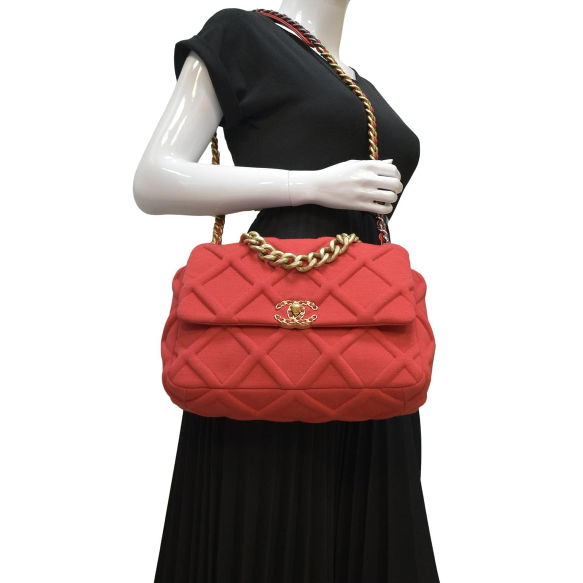 Chanel 19 Flap Quitled Jersey Lambskin Shoulder Bag Red