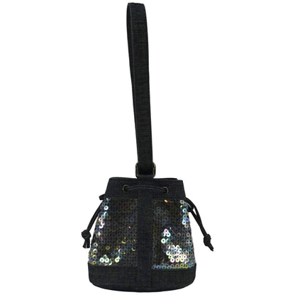Chanel Sequin Denim Small Drawstring Bucket Bag Blue