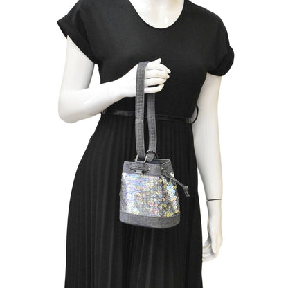 Chanel Sequin Denim Small Drawstring Bucket Bag Blue
