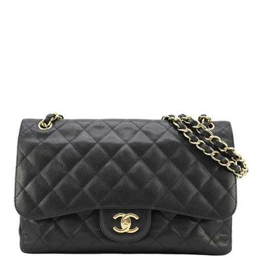 Chanel Classic Jumbo Double Flap Quilted Caviar Leather Shoulder Bag Black