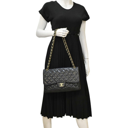 Chanel Classic Jumbo Double Flap Quilted Caviar Leather Shoulder Bag Black