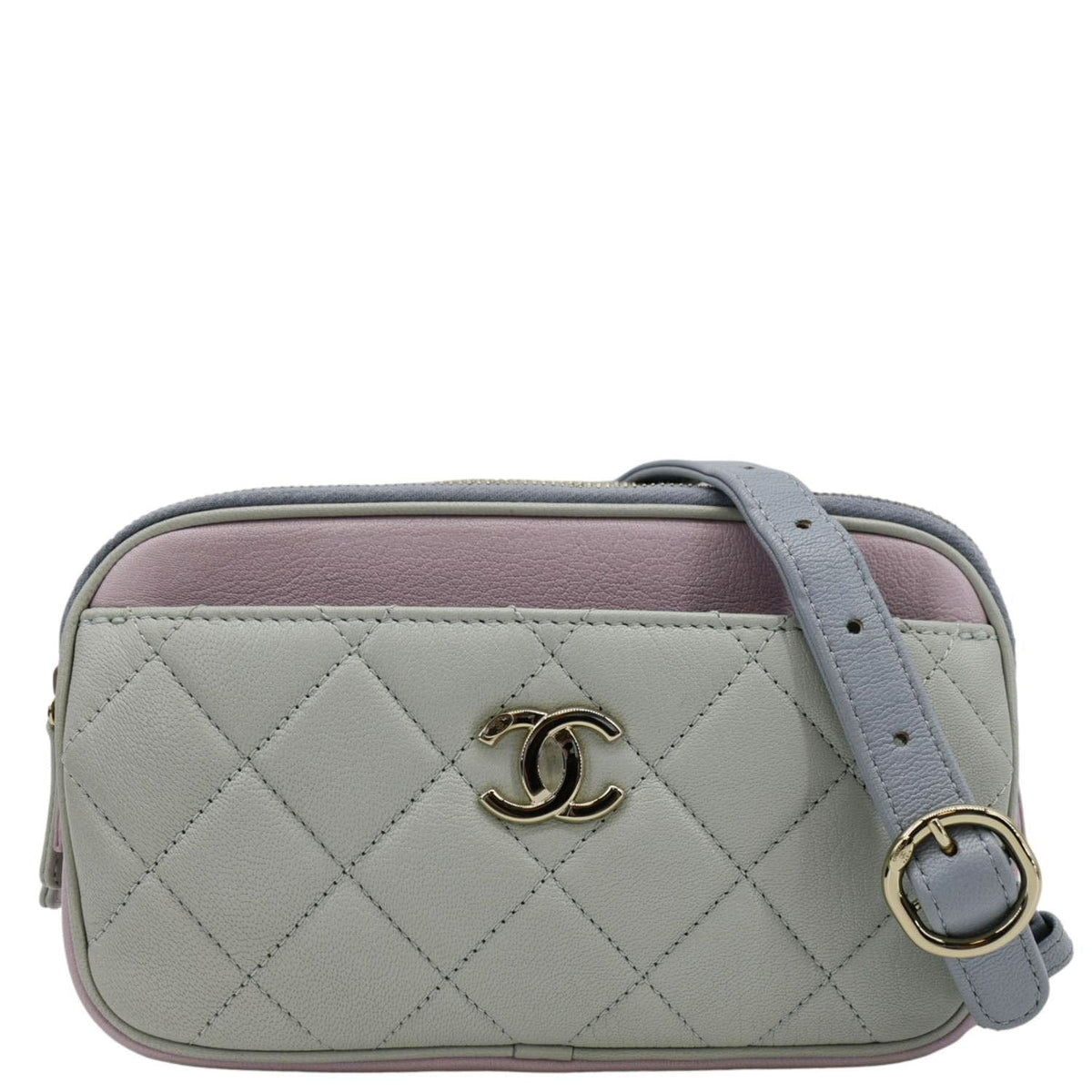 Chanel CC Double Zip Quilted Leather Tri-Color Belt Bag Pink