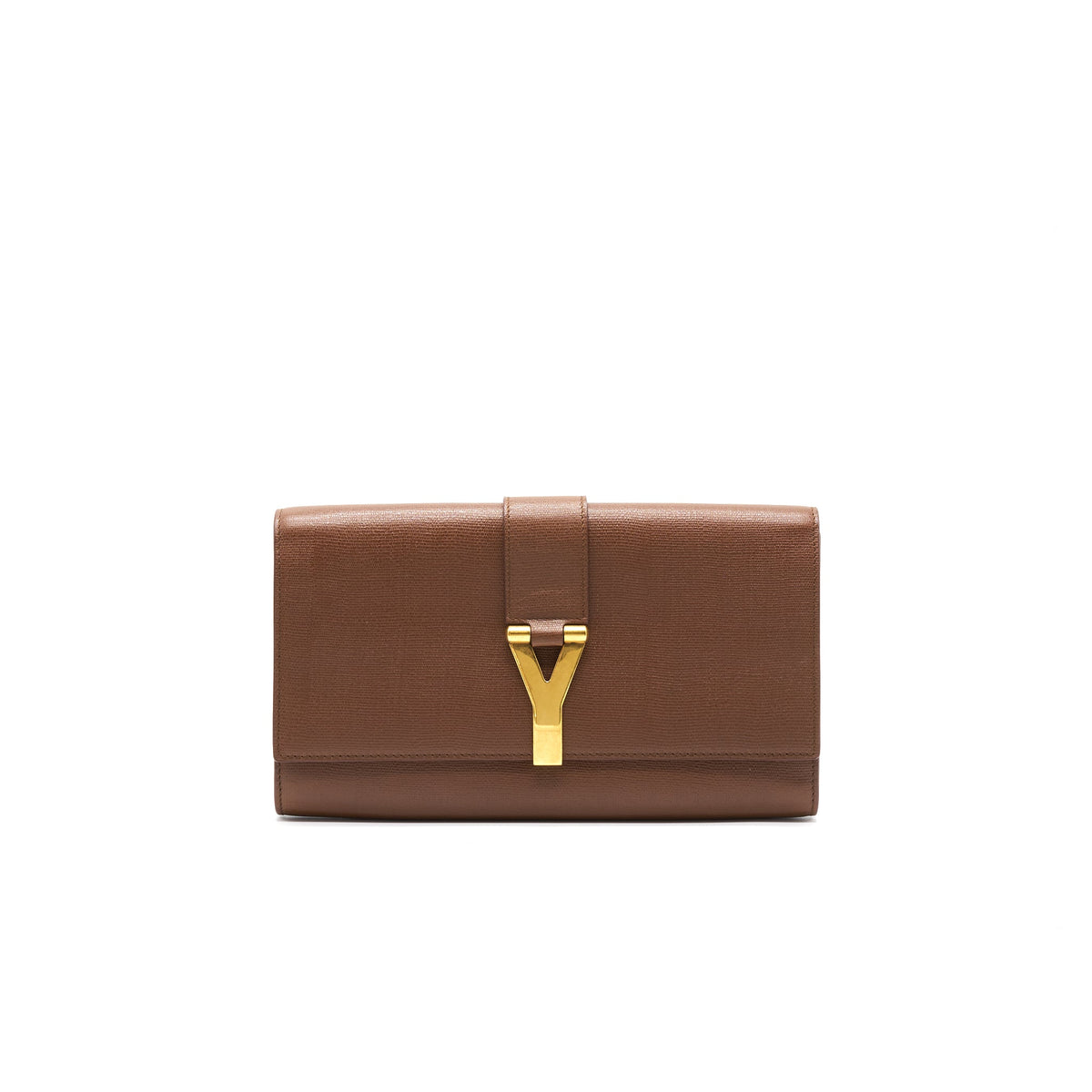YSL Y Logo Calfskin Leather Clutch Brown