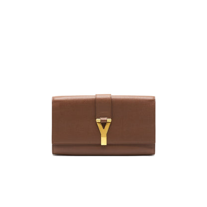 YSL Y Logo Calfskin Leather Clutch Brown