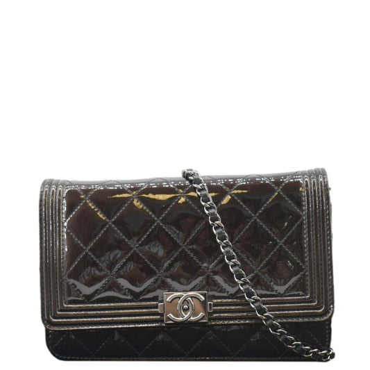 Chanel Boy WOC Quilted Patent Leather Wallet On Chain Shoulder Bag Black