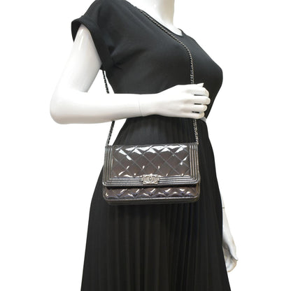 Chanel Boy WOC Quilted Patent Leather Wallet On Chain Shoulder Bag Black
