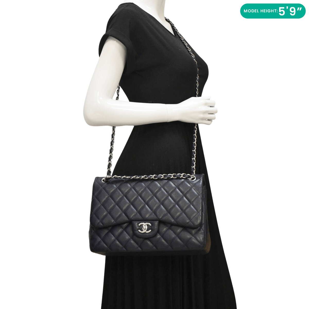 Chanel Classic Jumbo Double Flap Quilted Caviar Leather Shoulder Bag Navy Blue