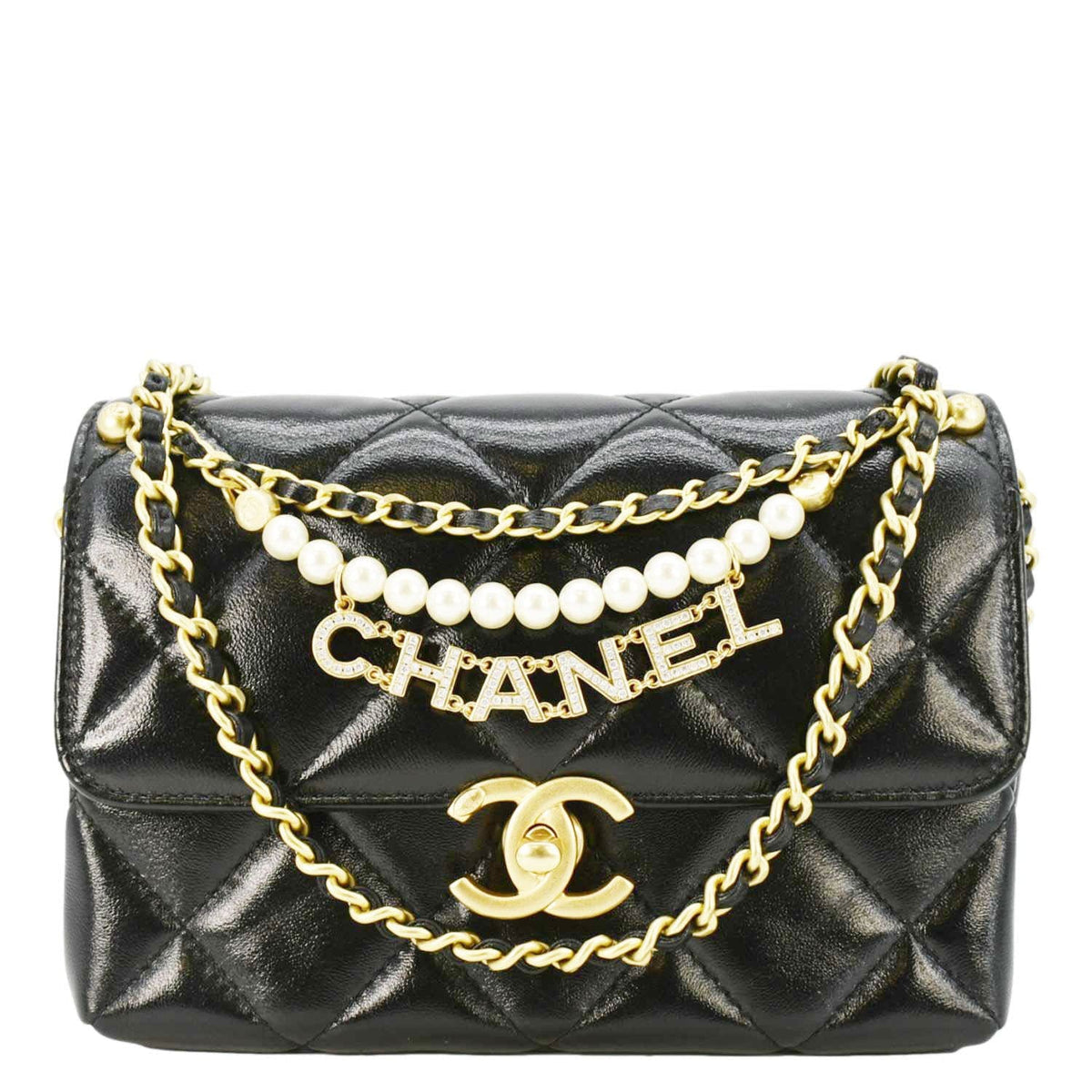 Chanel CC Pearl Quilted Leather Chain Crossbody Bag Black