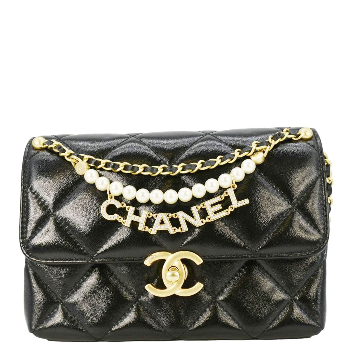 Chanel CC Pearl Quilted Leather Chain Crossbody Bag Black