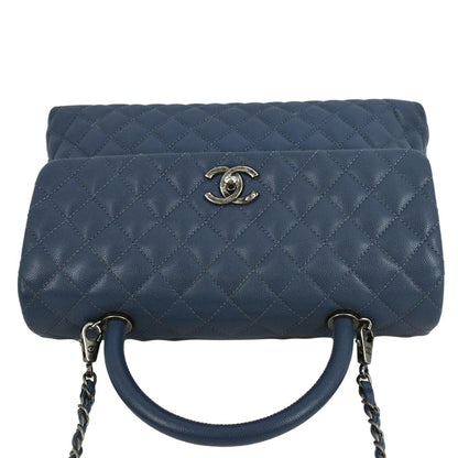 Chanel CC Coco Caviar Leather Top Handle Flap Shoulder Bag Blue