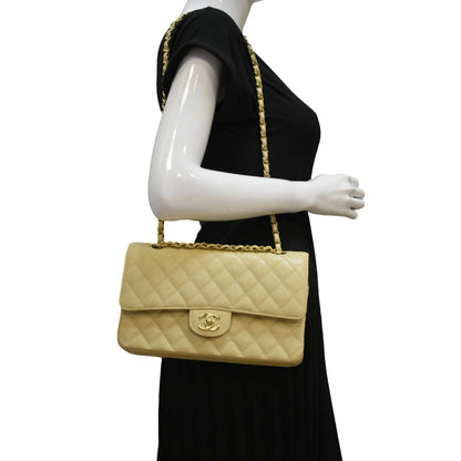 Chanel Classic Double Flap Quilted Caviar Leather Shoulder Bag Cream