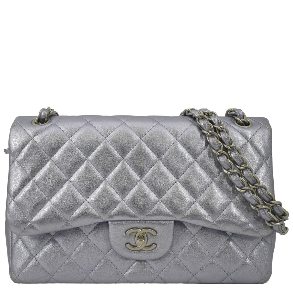 Chanel Jumbo Flap Quilted Leather Shoulder Bag Silver