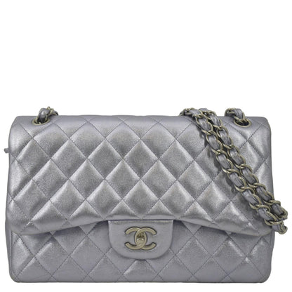 Chanel Jumbo Flap Quilted Leather Shoulder Bag Silver