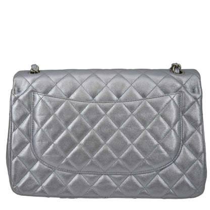 Chanel Jumbo Flap Quilted Leather Shoulder Bag Silver