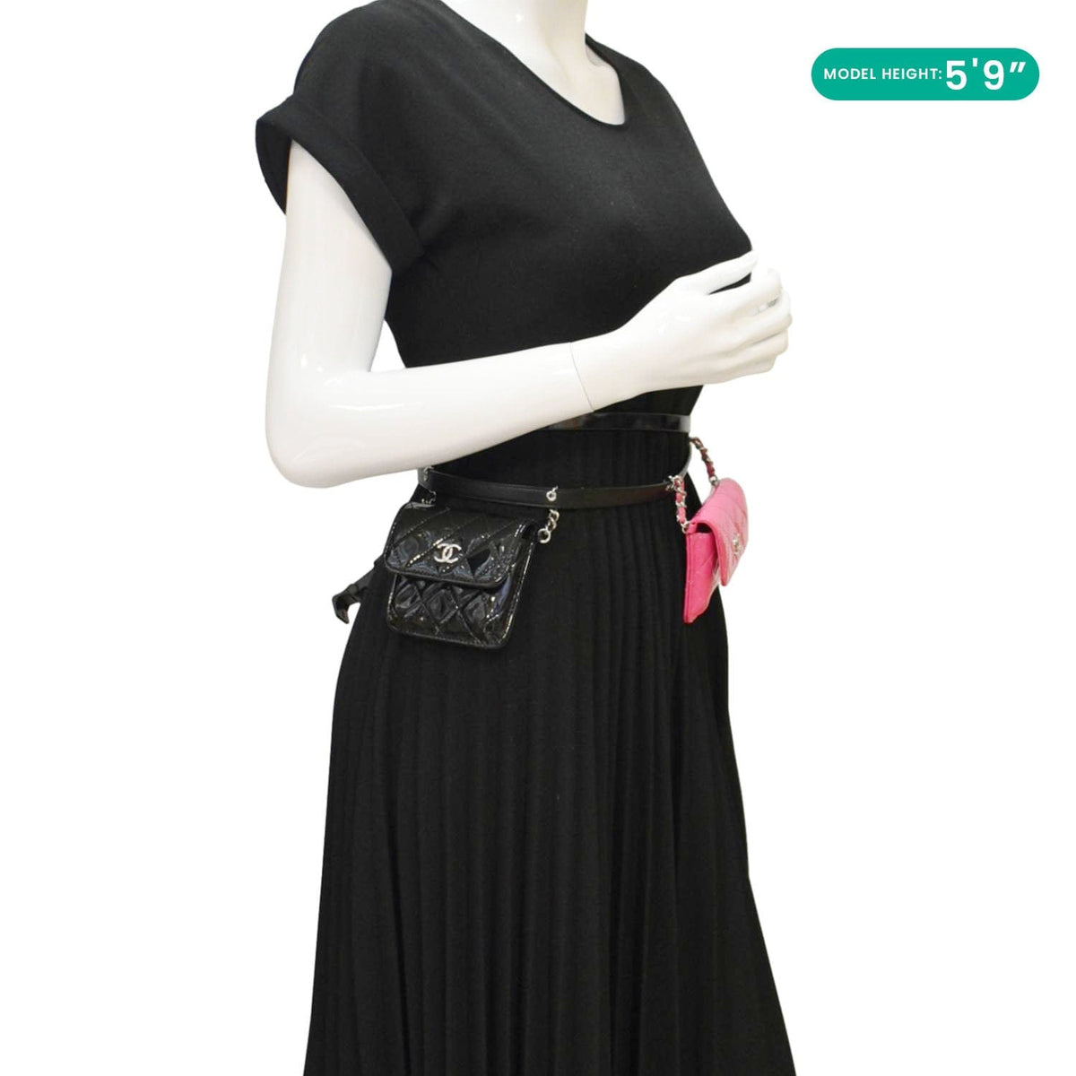 Chanel CC Double Mini Flap Patent Quilted Leather Chain Waist Bag Black Pink
