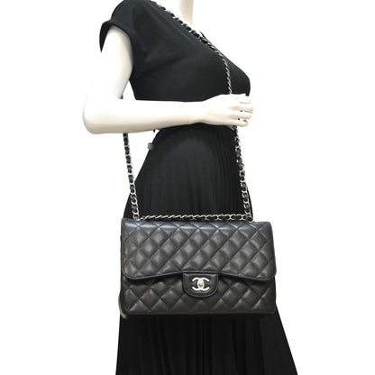 Chanel Classic Large Double Flap Quilted Leather Shoulder Bag Black