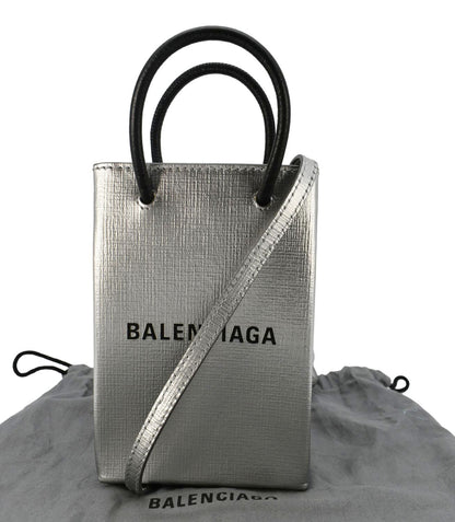 Balenciaga Metallic Logo Leather Shopping Phone Holder Silver