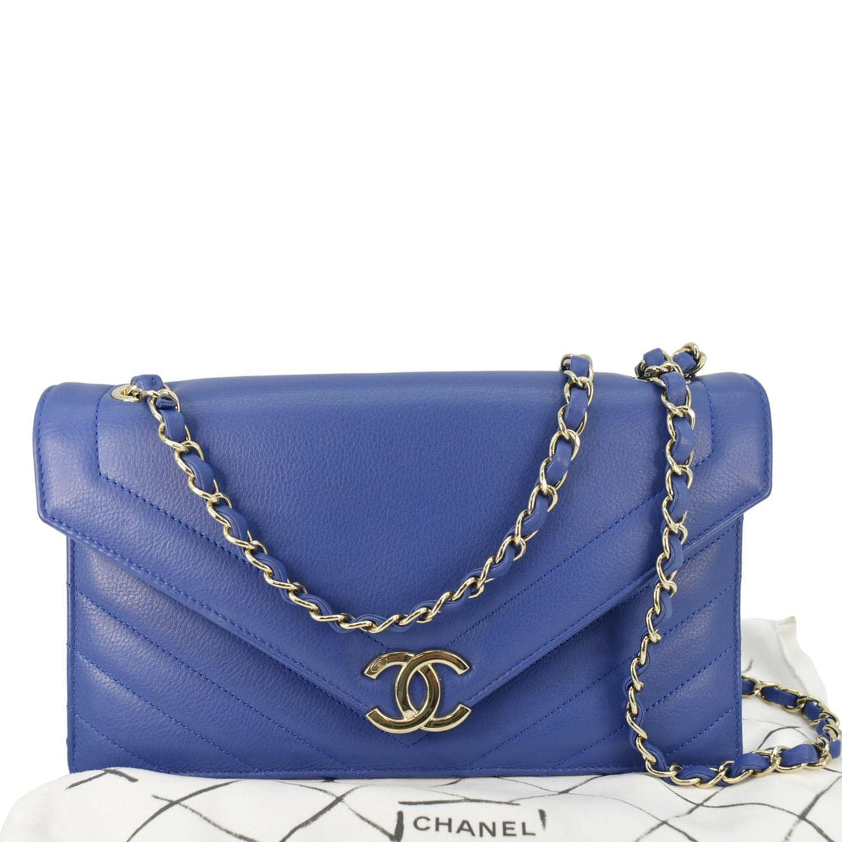 Chanel Coco Envelope Flap Quilted Chevron Leather Crossbody Bag Blue