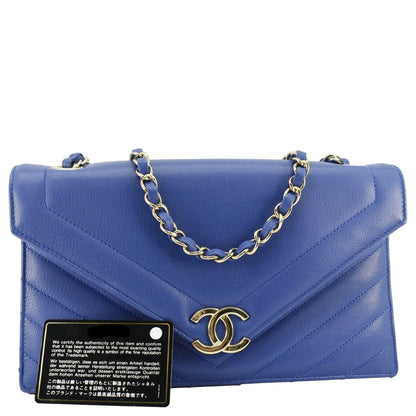 Chanel Coco Envelope Flap Quilted Chevron Leather Crossbody Bag Blue