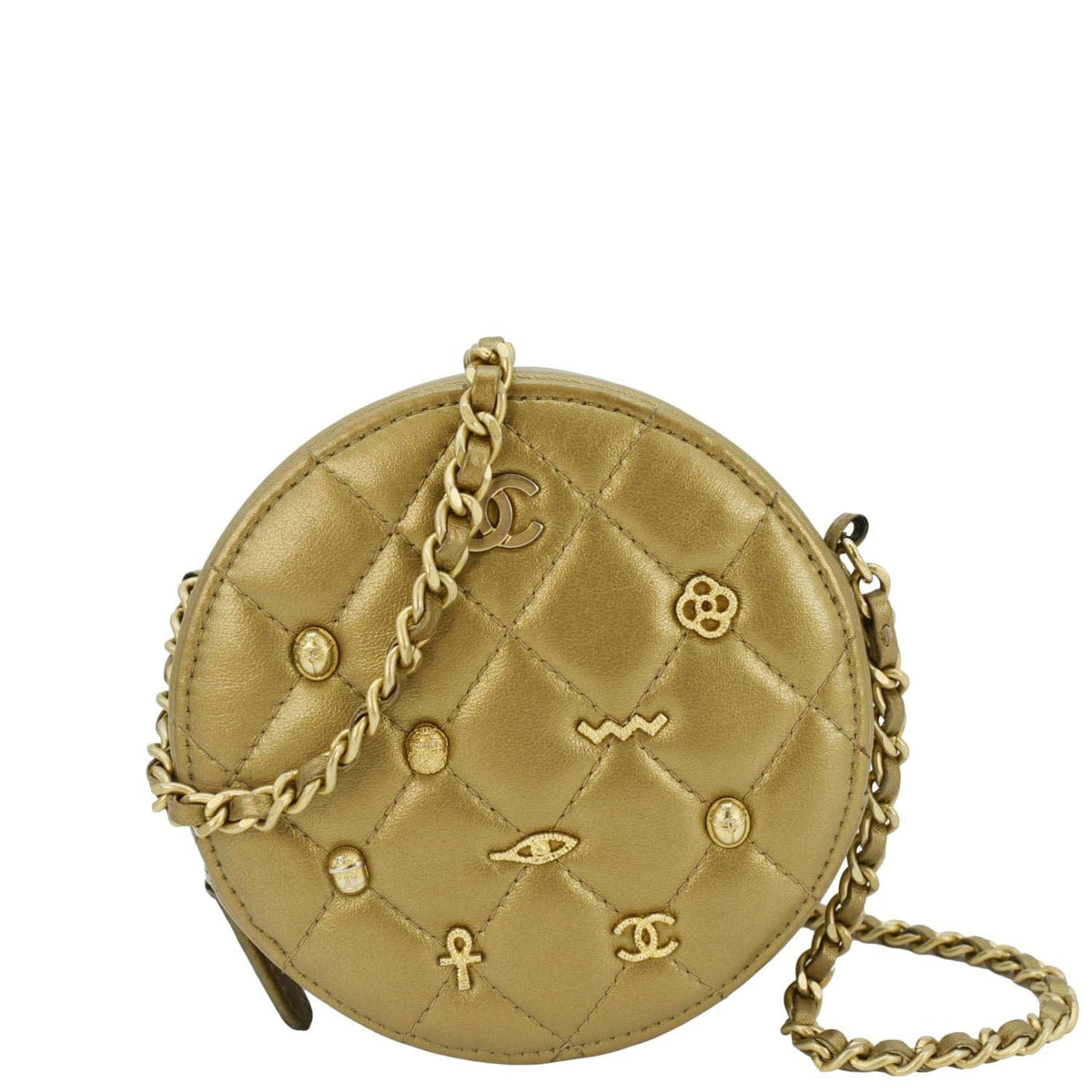 Chanel Egyptian Amulet Round Quilted Metallic Lambskin Chain Clutch Crossbody Bag Gold