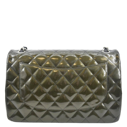 Chanel Jumbo Flap Striated Quilted Patent Leather Shoulder Bag Green