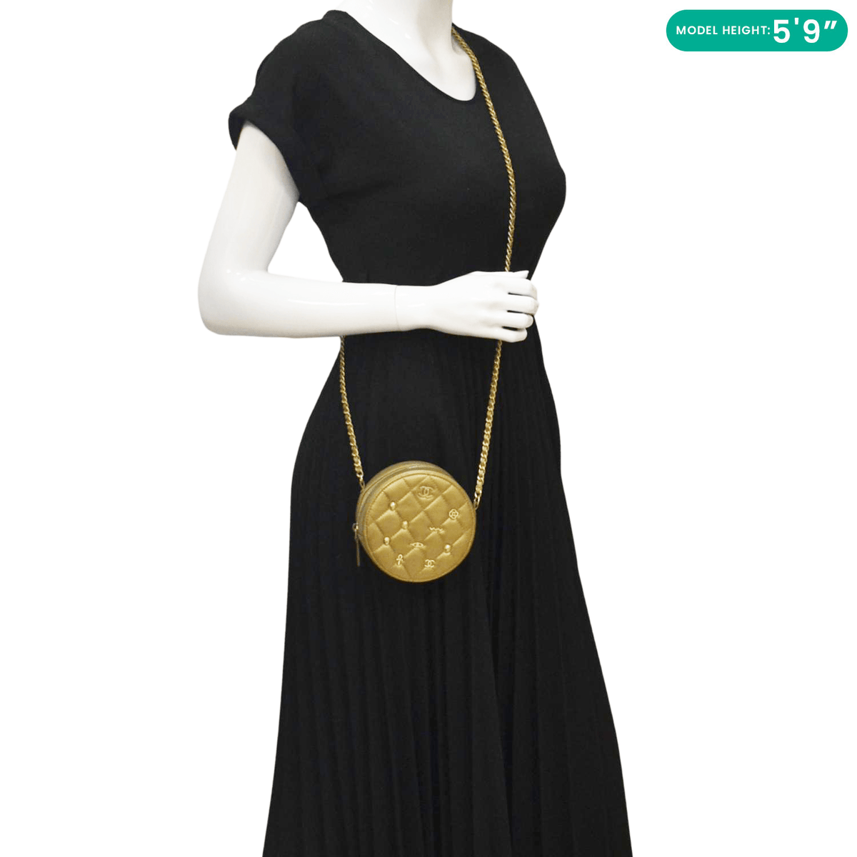 Chanel Egyptian Amulet Round Quilted Metallic Lambskin Chain Clutch Crossbody Bag Gold