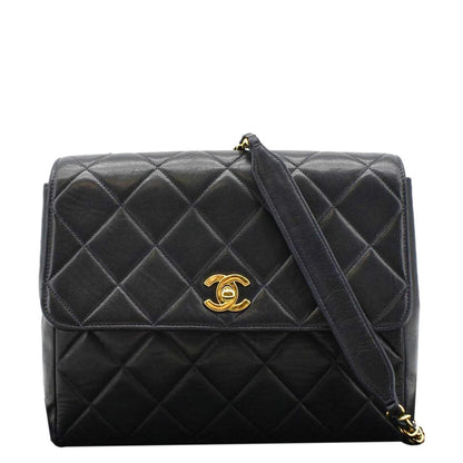 Chanel Square CC Flap Vintage Quilted Leather Shoulder Bag Black