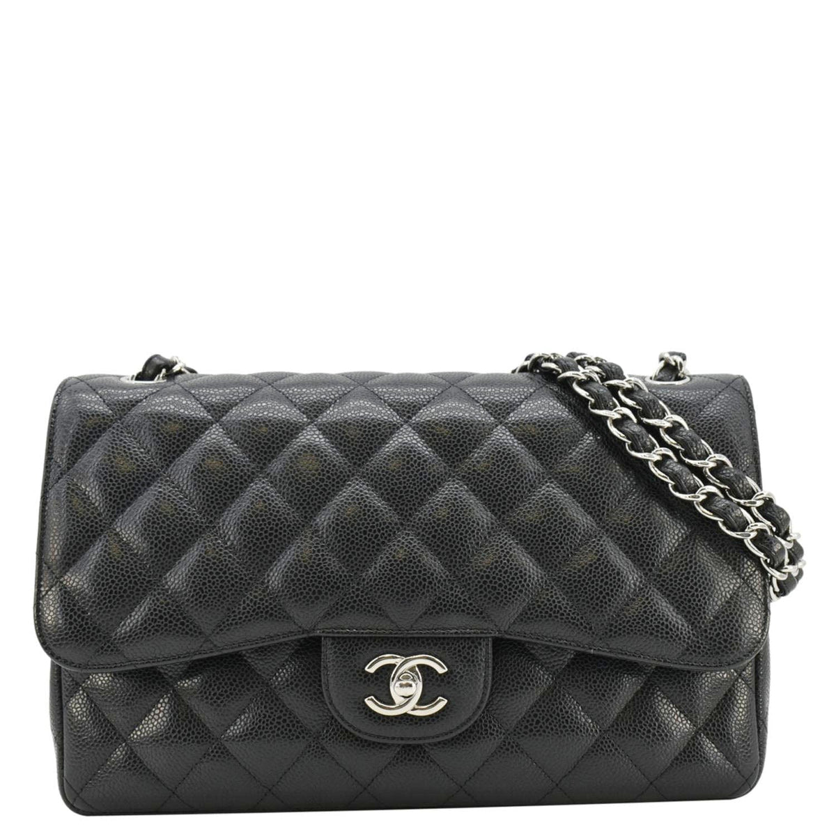 Chanel Classic Jumbo Double Flap Quilted Caviar Leather Shoulder Bag Black