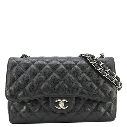 Chanel Classic Jumbo Double Flap Quilted Caviar Leather Shoulder Bag Black