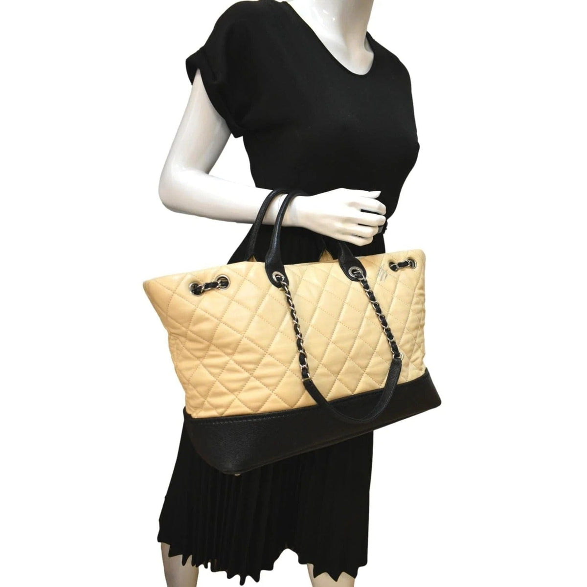 Chanel Drawstring Large Quilted Calfskin & Caviar Shopping Tote Bag Beige