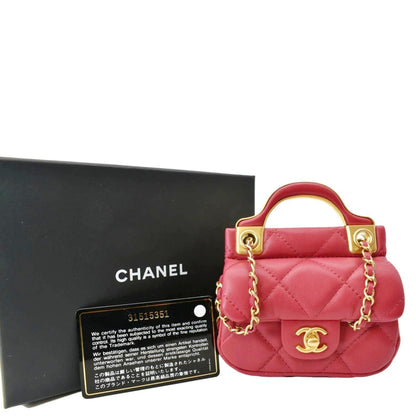 Chanel Women Top Handle Flap Card Holder Quilted Leather Chain Shoulder Bag Red