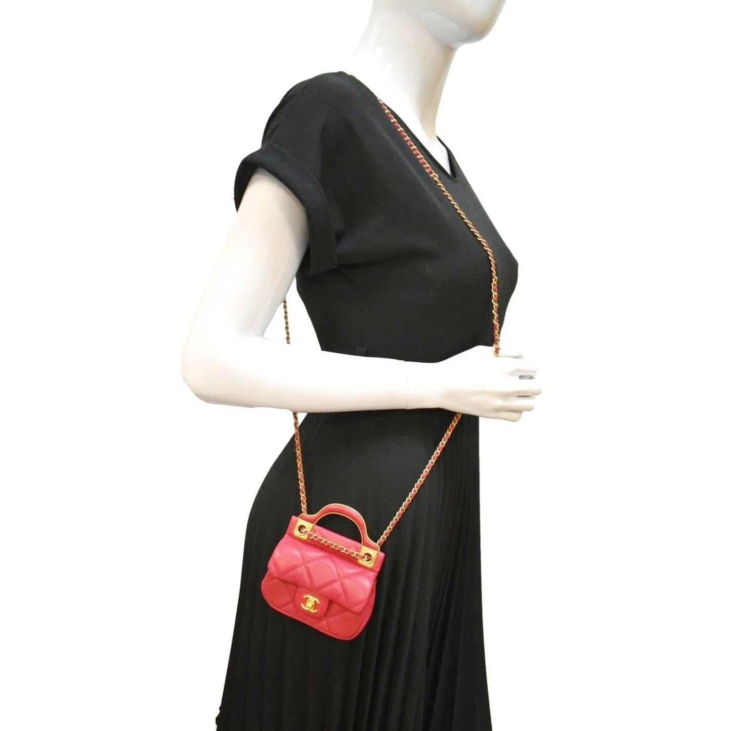Chanel Women Top Handle Flap Card Holder Quilted Leather Chain Shoulder Bag Red