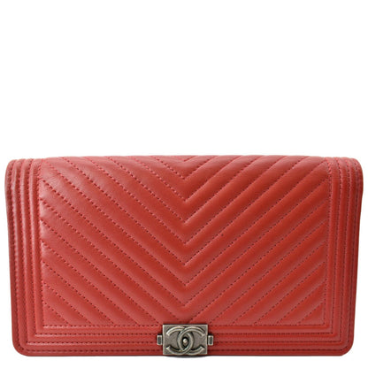 Chanel Women Long Flap Chevron Leather Wallet Red
