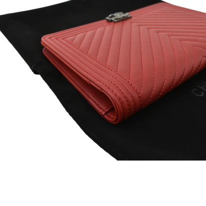 CHANEL Women Long Flap Chevron Leather Wallet Red