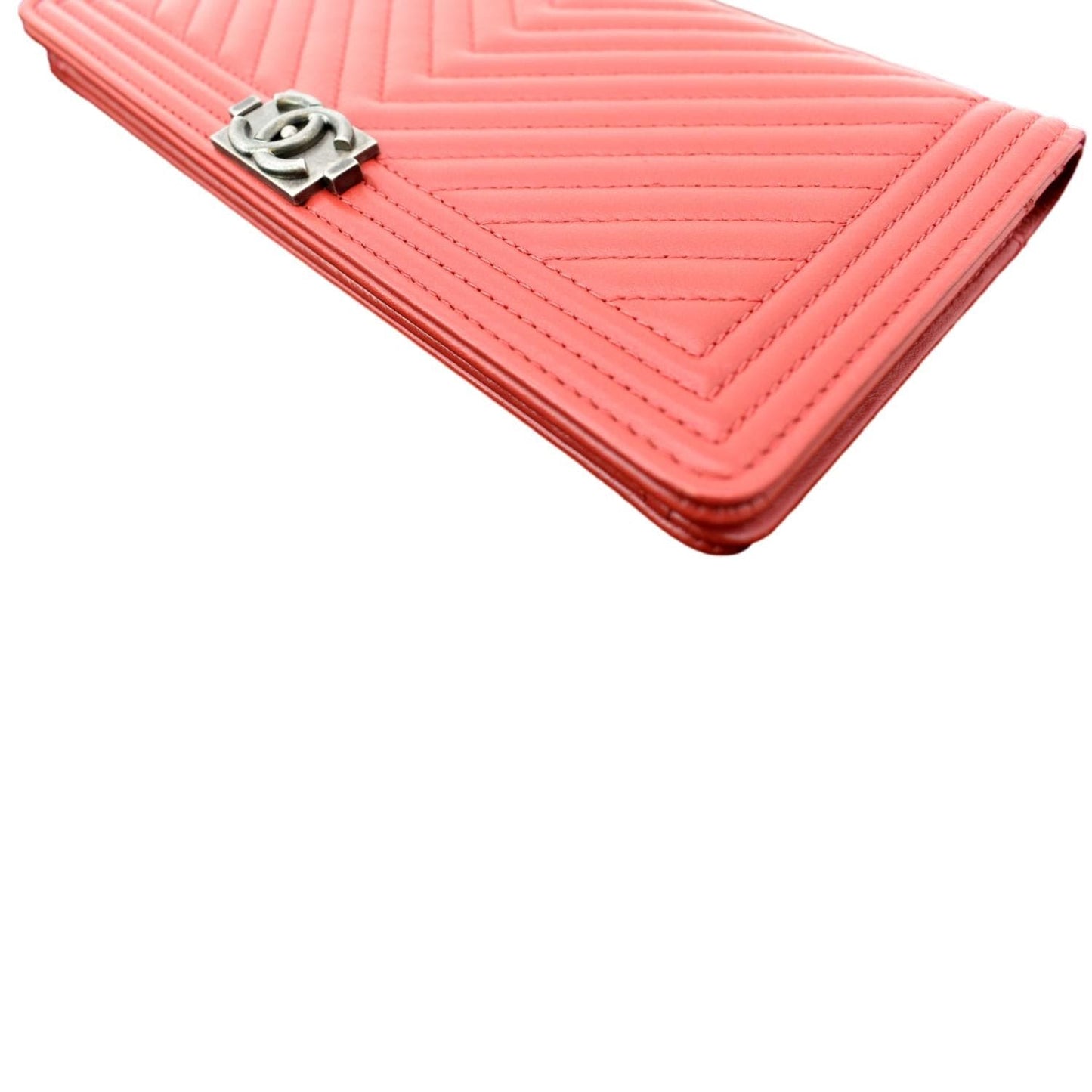 CHANEL Women Long Flap Chevron Leather Wallet Red