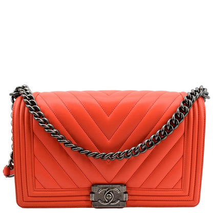 Chanel Medium Boy Flap Chevron Quilted Calfskin Shoulder Bag Red