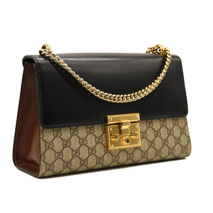 GUCCI GG Supreme Monogram Calfskin Medium Padlock Shoulder Bag Beige Black Cuir