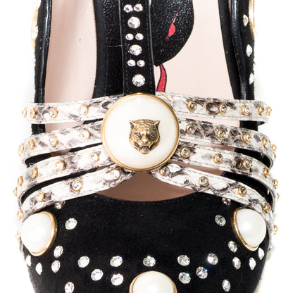Gucci Ofelia Embellished Suede and Snakeskin Pumps