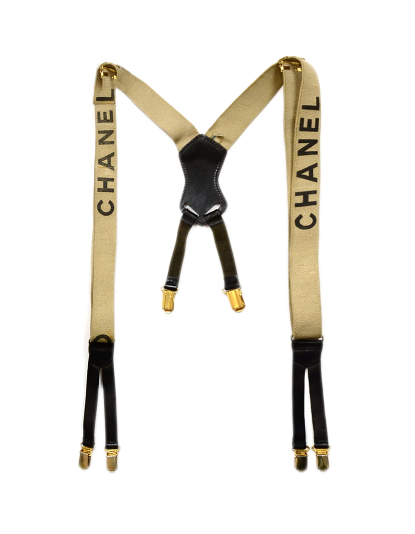 Chanel Vintage Beige & Black Logo Suspenders
