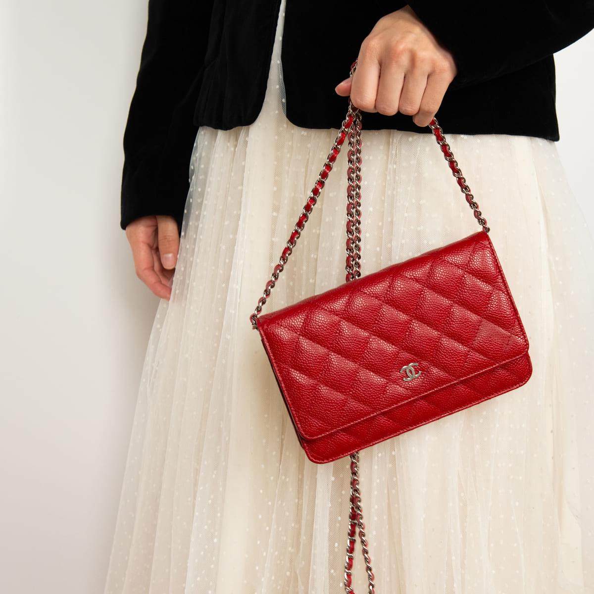 Chanel Red Quilted Caviar Classic Wallet On Chain