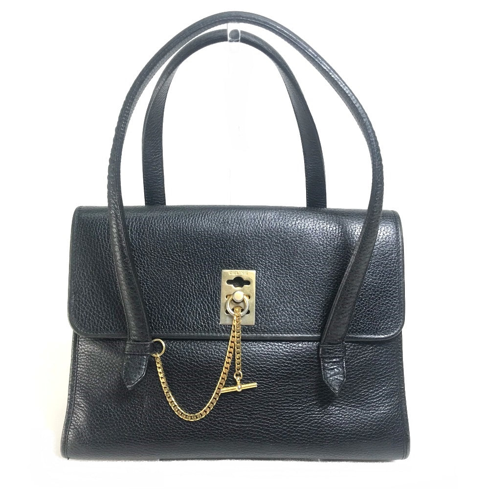 CELINE Handbag leather Black x Gold Metal vintage Chain lock Women Secondhand