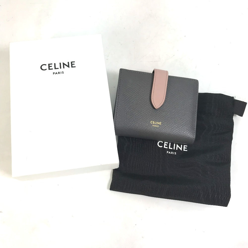 CELINE Trifold wallet 10H263BRU.10GV leather Gray x pink By color Small strap wallet Women Secondhand
