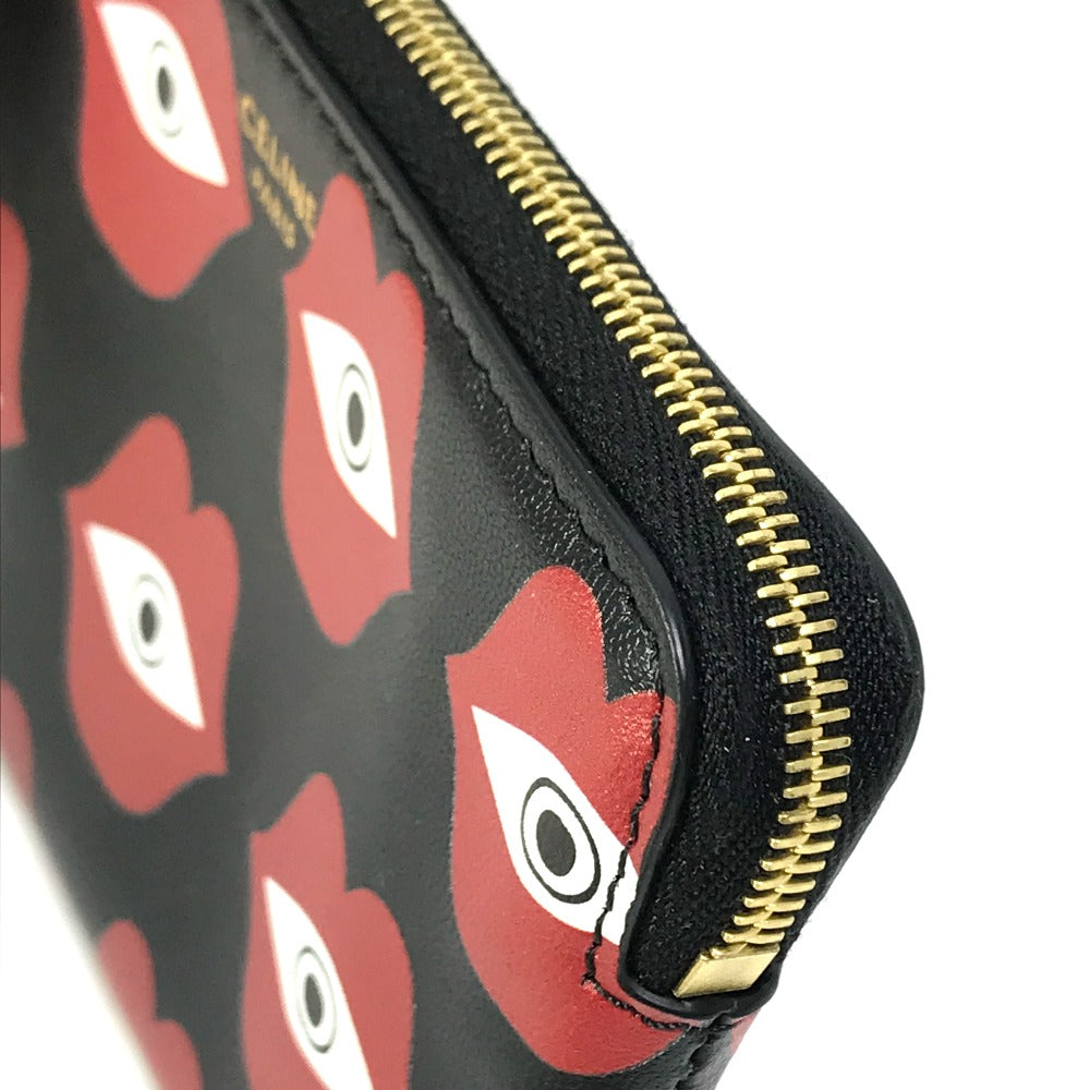 CELINE Coin case leather Black x red lip eye telepathy love Women Used