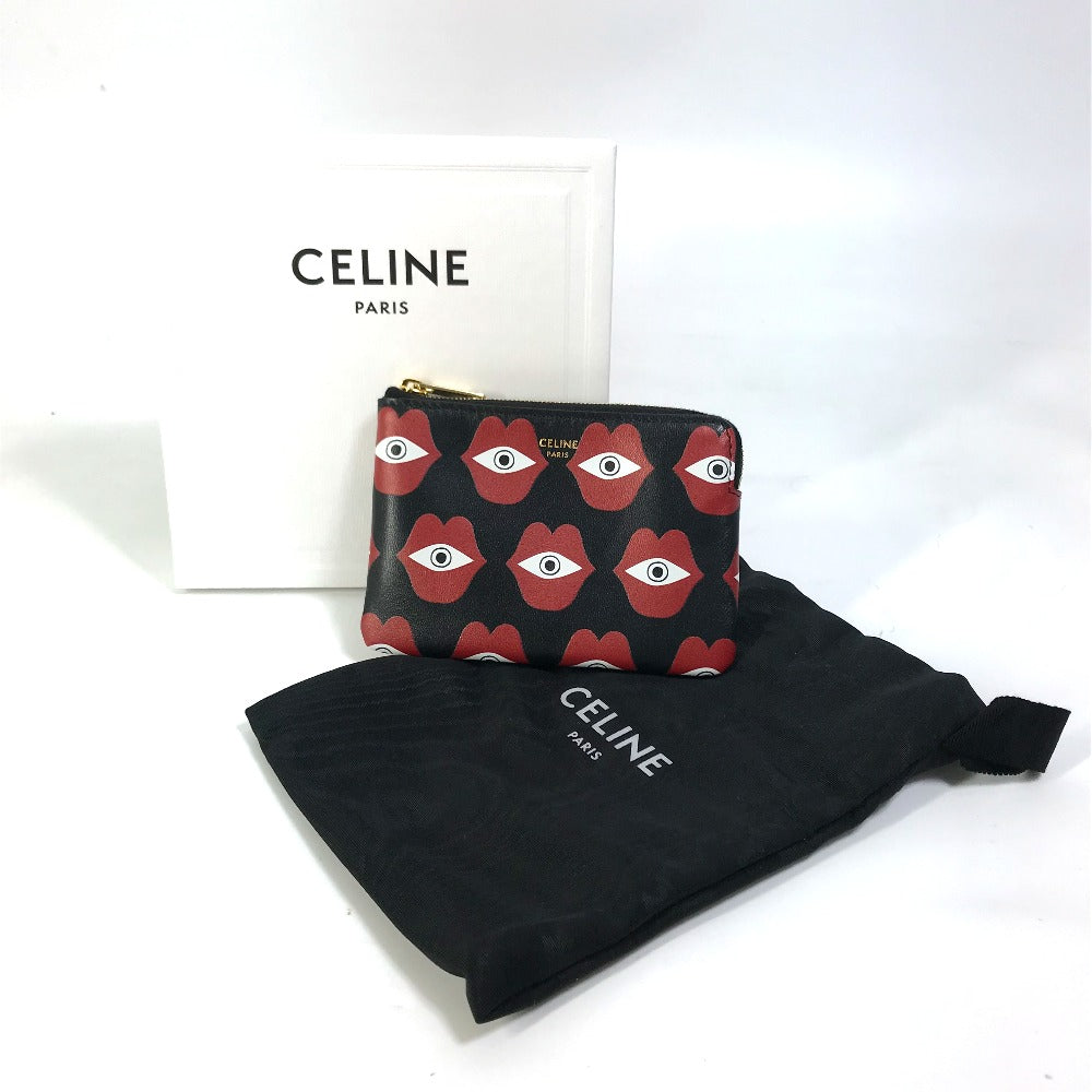 CELINE Coin case leather Black x red lip eye telepathy love Women Used
