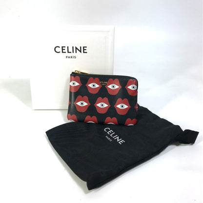 CELINE Coin case leather Black x red lip eye telepathy love Women Used