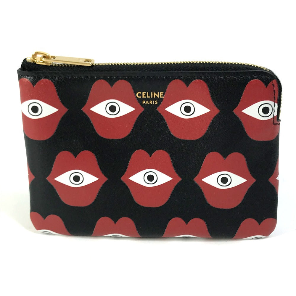 CELINE Coin case leather Black x red lip eye telepathy love Women Used
