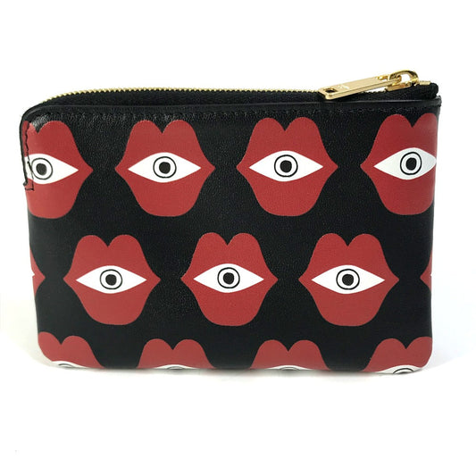 CELINE Coin case leather Black x red lip eye telepathy love Women Used