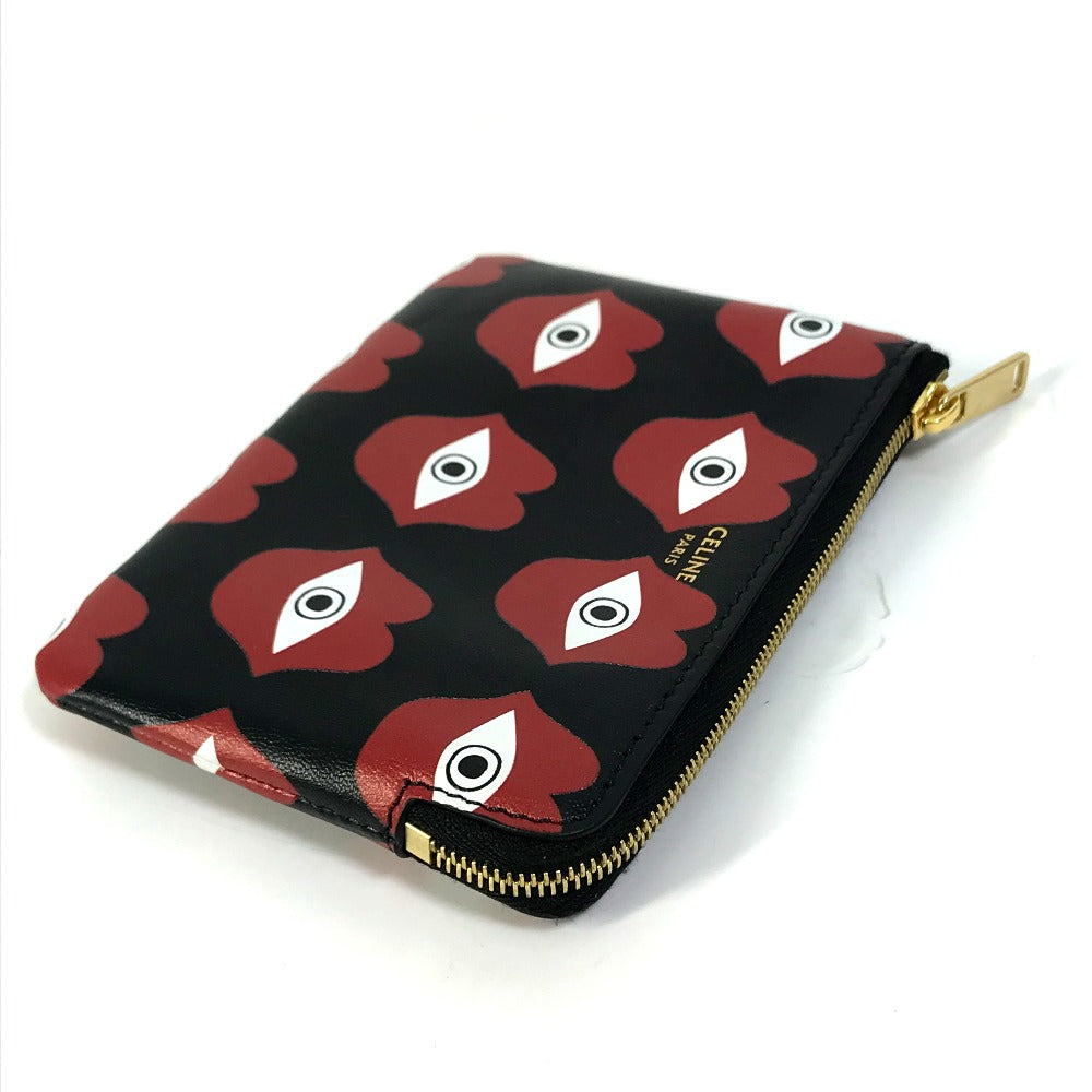 CELINE Coin case leather Black x red lip eye telepathy love Women Used