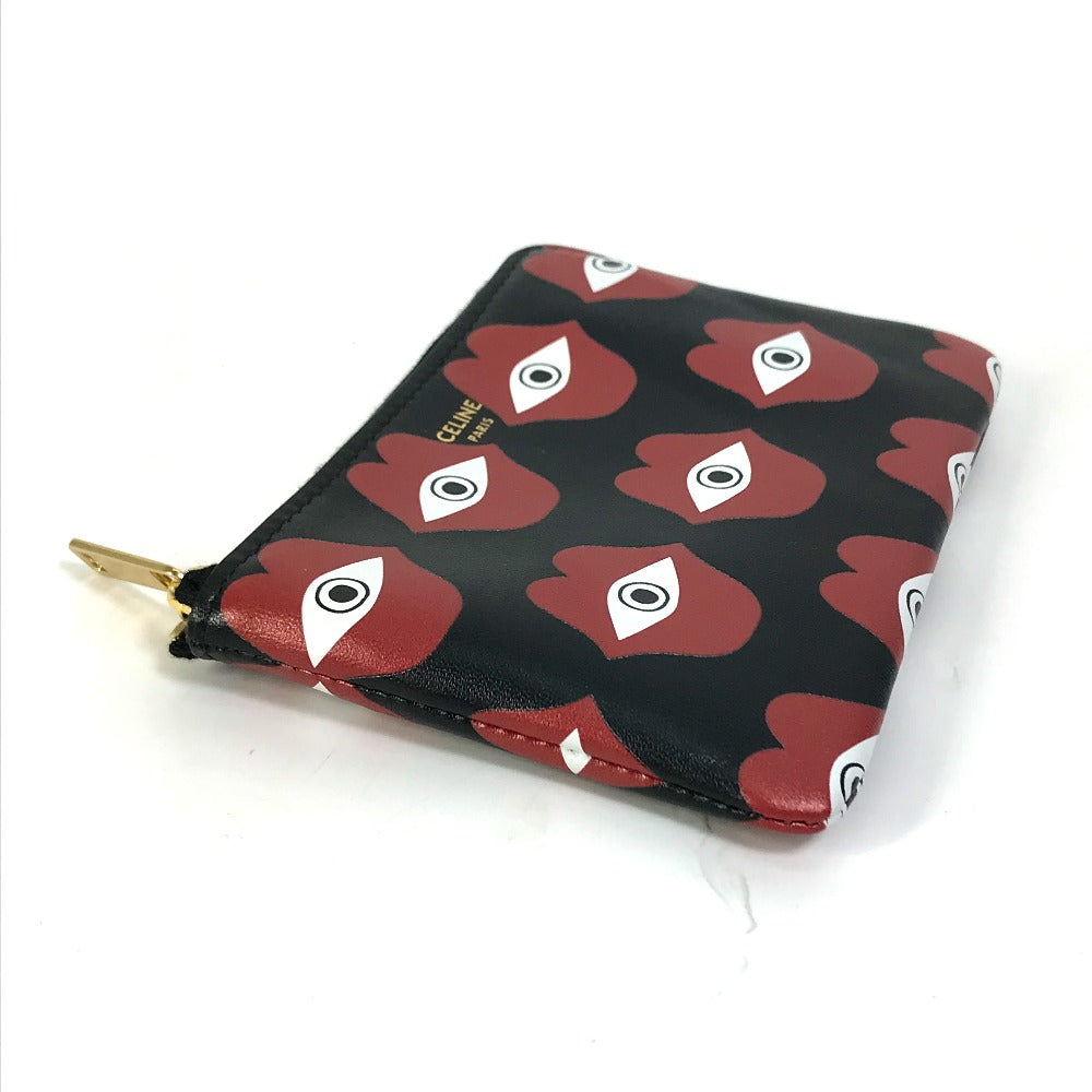 CELINE Coin case leather Black x red lip eye telepathy love Women Used