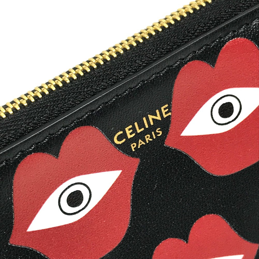 CELINE Coin case leather Black x red lip eye telepathy love Women Used